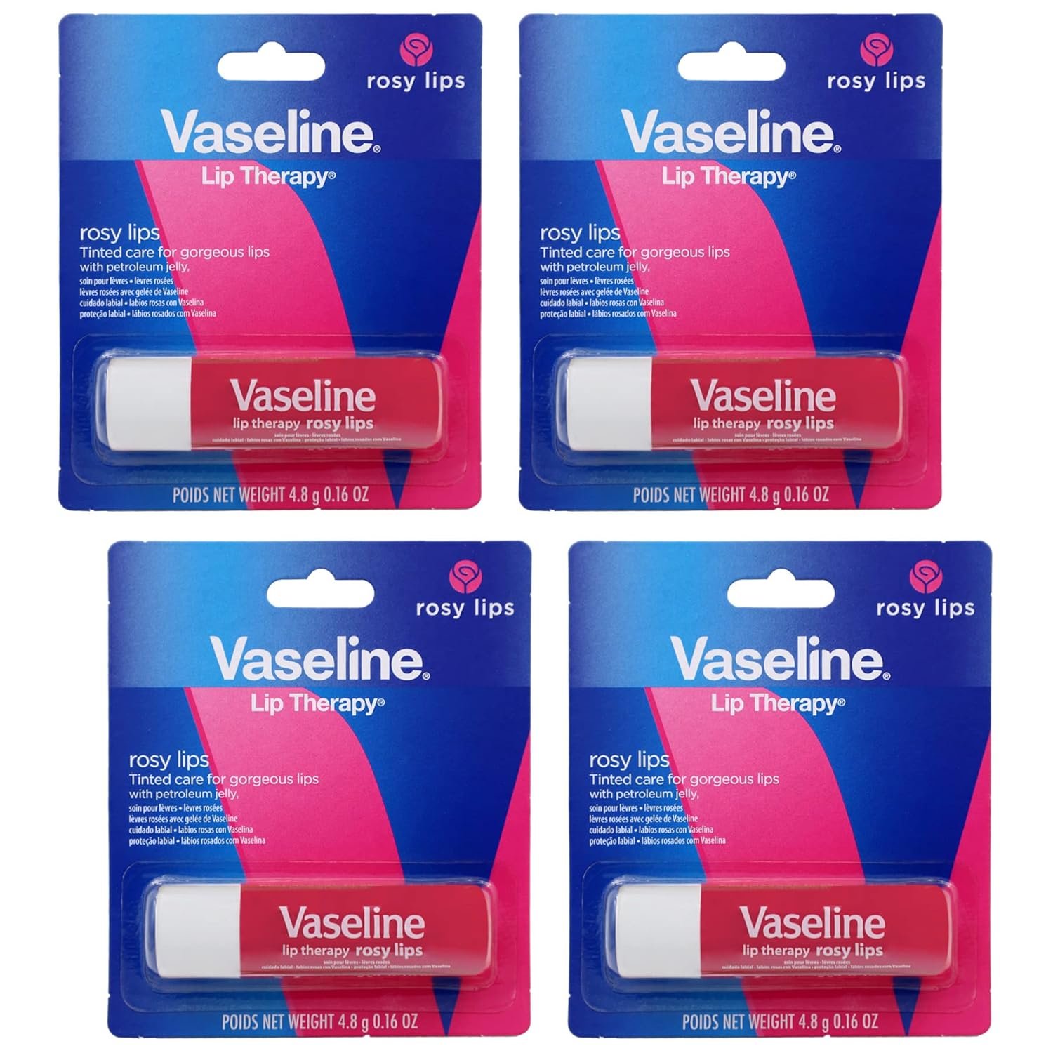 Vaseline Lip Therapy Care Rosy, Fast-Acting Nourishment, Ideal for Chapped, Vaseline Lip Therapy Care Rosy, Fast-Acting Nourishment, Ideal for Chapped, Dry, Cracked, or Damaged Lips, Lip Balm, 4-Pack, 0.16 Oz Each - Image 1