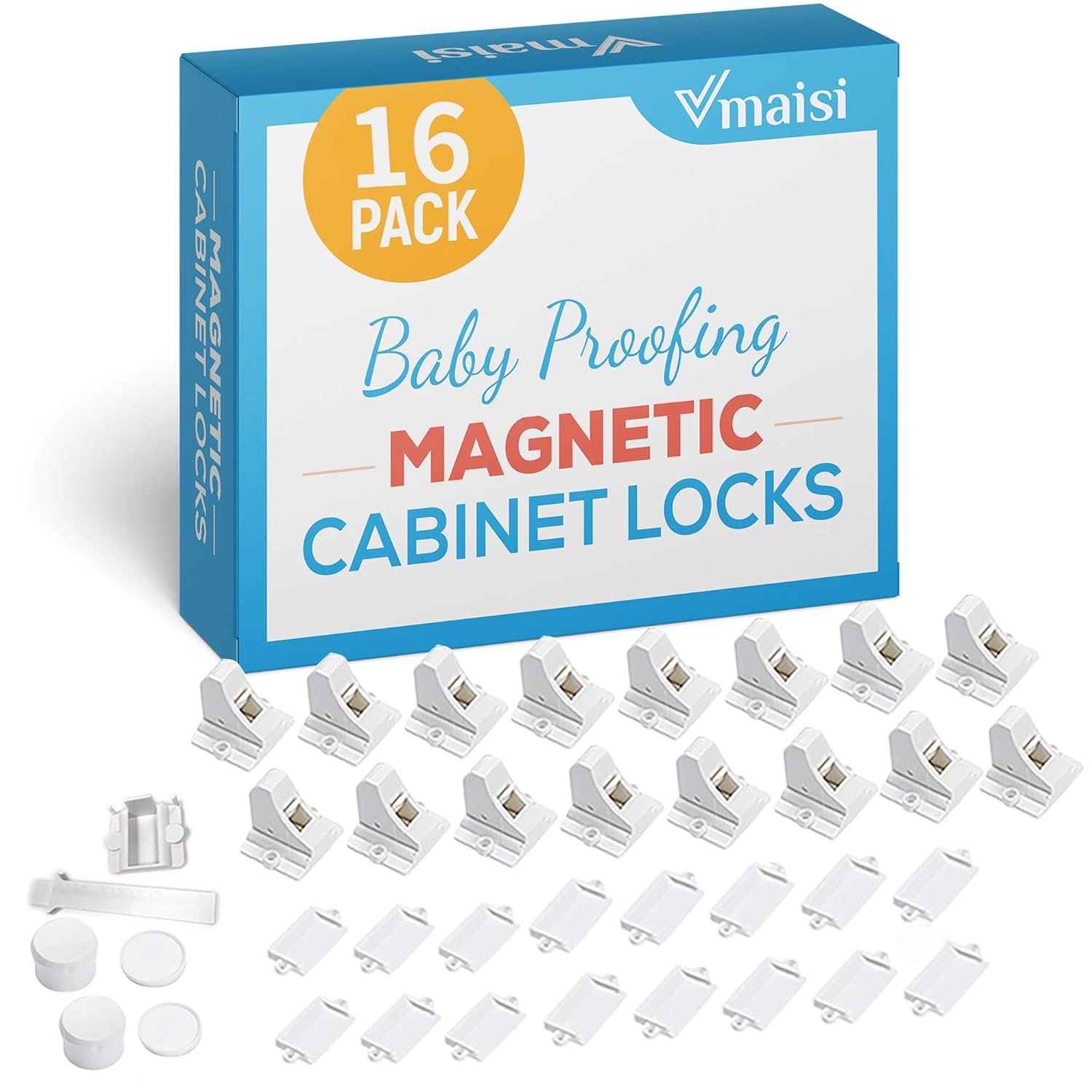 Vmaisi 16 Pack Child Safety Magnetic Cabinet Locks - Children Vmaisi 16 Pack Child Safety Magnetic Cabinet Locks - Children Proof Cupboard Baby Locks Latches - Adhesive for Cabinets & Drawers and Screws Fixed for Protection - Image 1