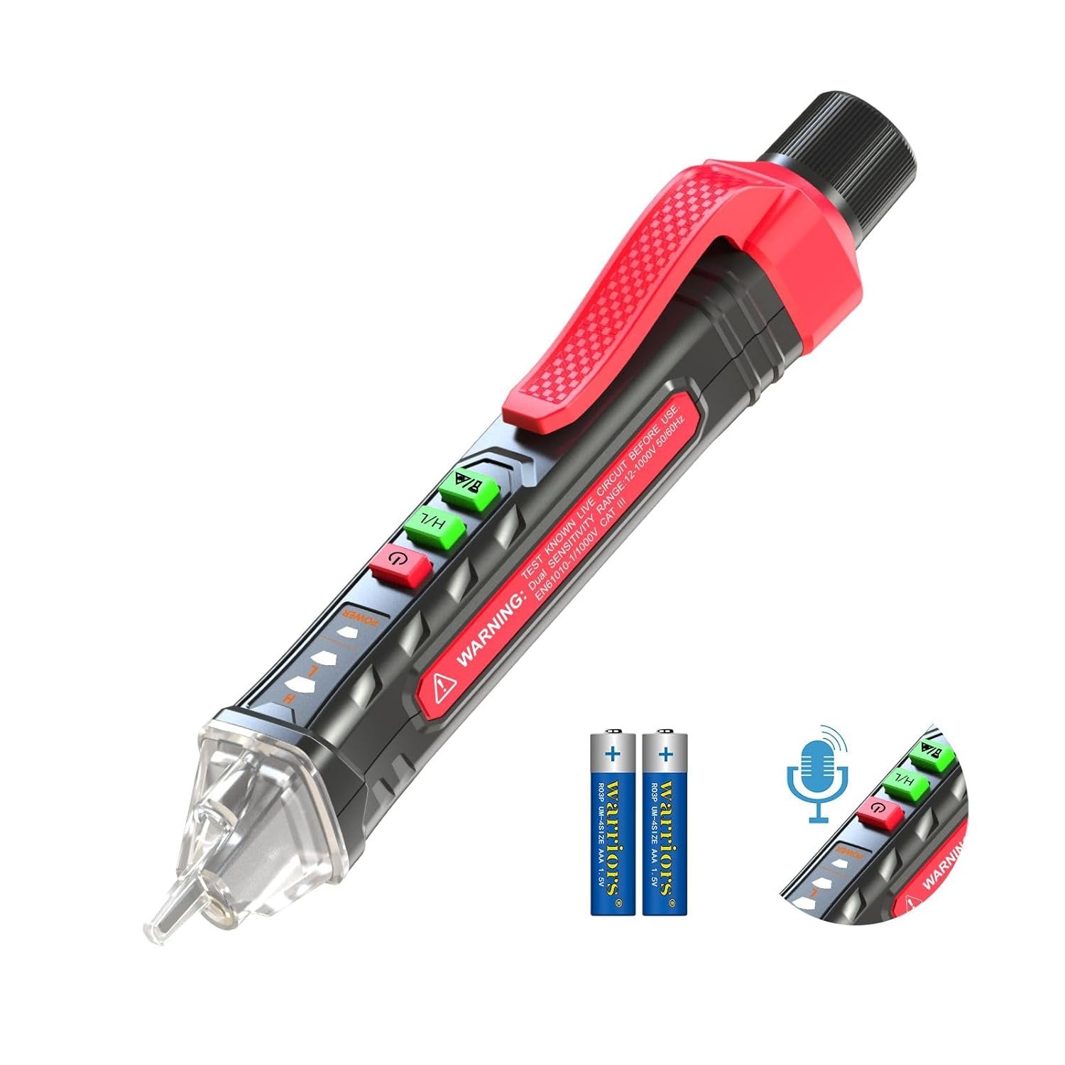 Voice Broadcast Voltage Tester,Non Contact Voltage Tester,12V-1000V/48V-1000V Dual Range,Electrical Tester,Integrated Voice Broadcast Voltage Tester,Non Contact Voltage Tester,12V-1000V/48V-1000V Dual Range,Electrical Tester,Integrated LED Flashlight and red Indicator Light - Image 1
