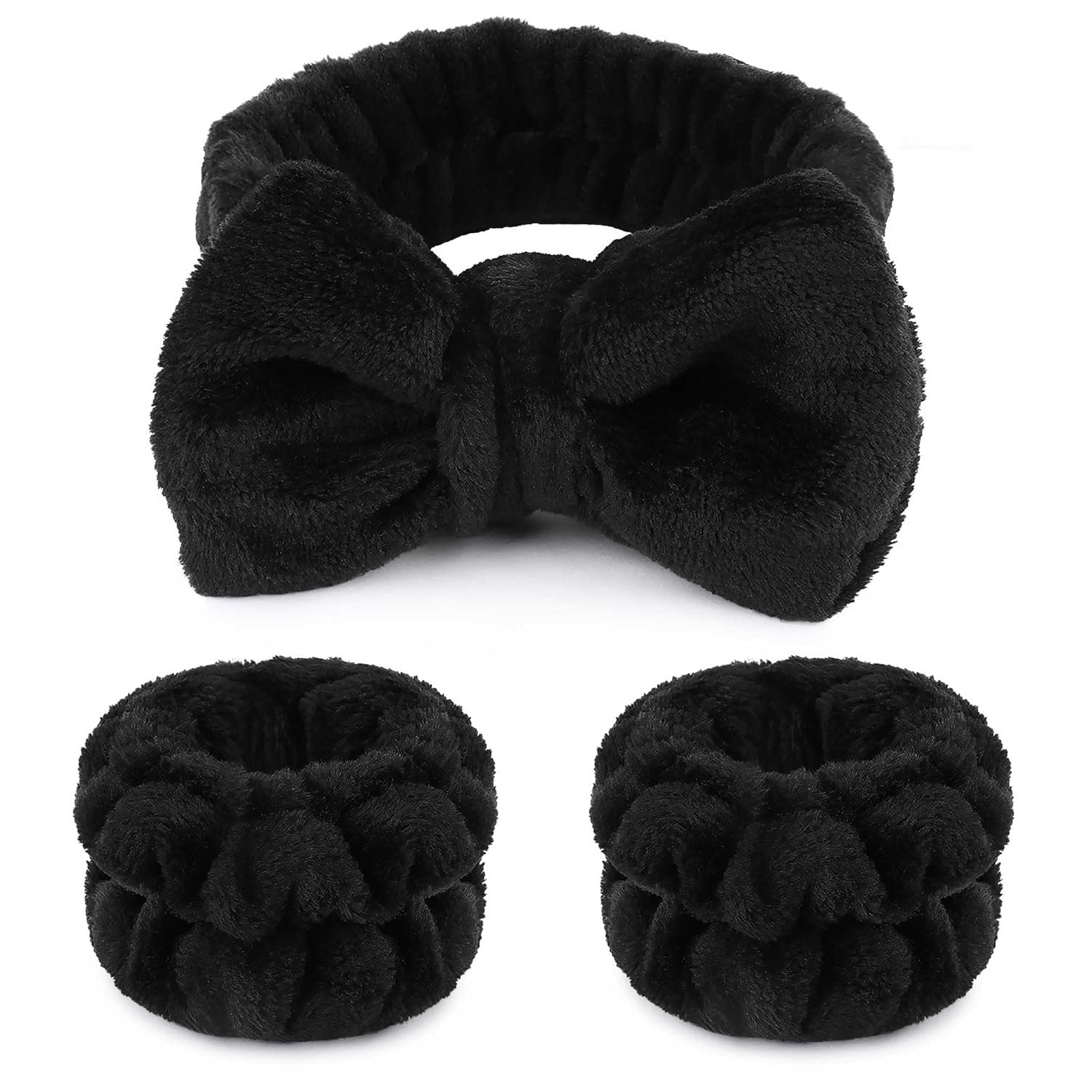 WSYUB Makeup Headbands, 1pcs Black Spa Headband Fluffy Bow Tie WSYUB Makeup Headbands, 1pcs Black Spa Headband Fluffy Bow Tie Headband Microfiber Face, and 2Pcs Wrist Spa Wash Band Absorbent Wristbands, for Washing Face Skin Care - Image 1