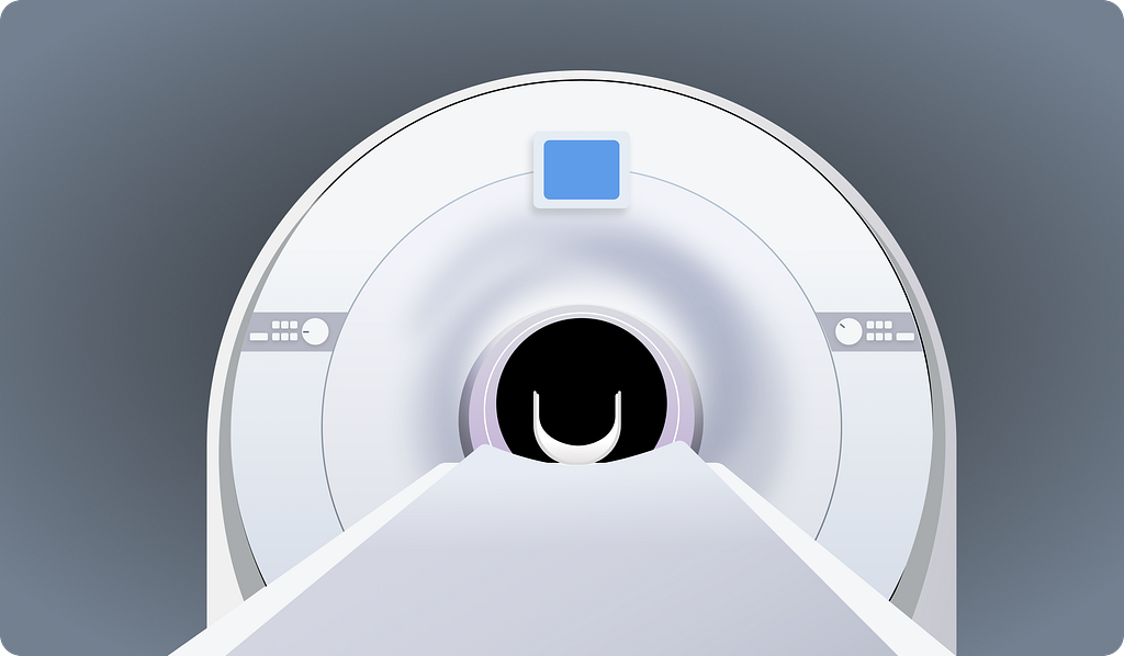 Front-facing illustration of a white MRI scanner against a grey background