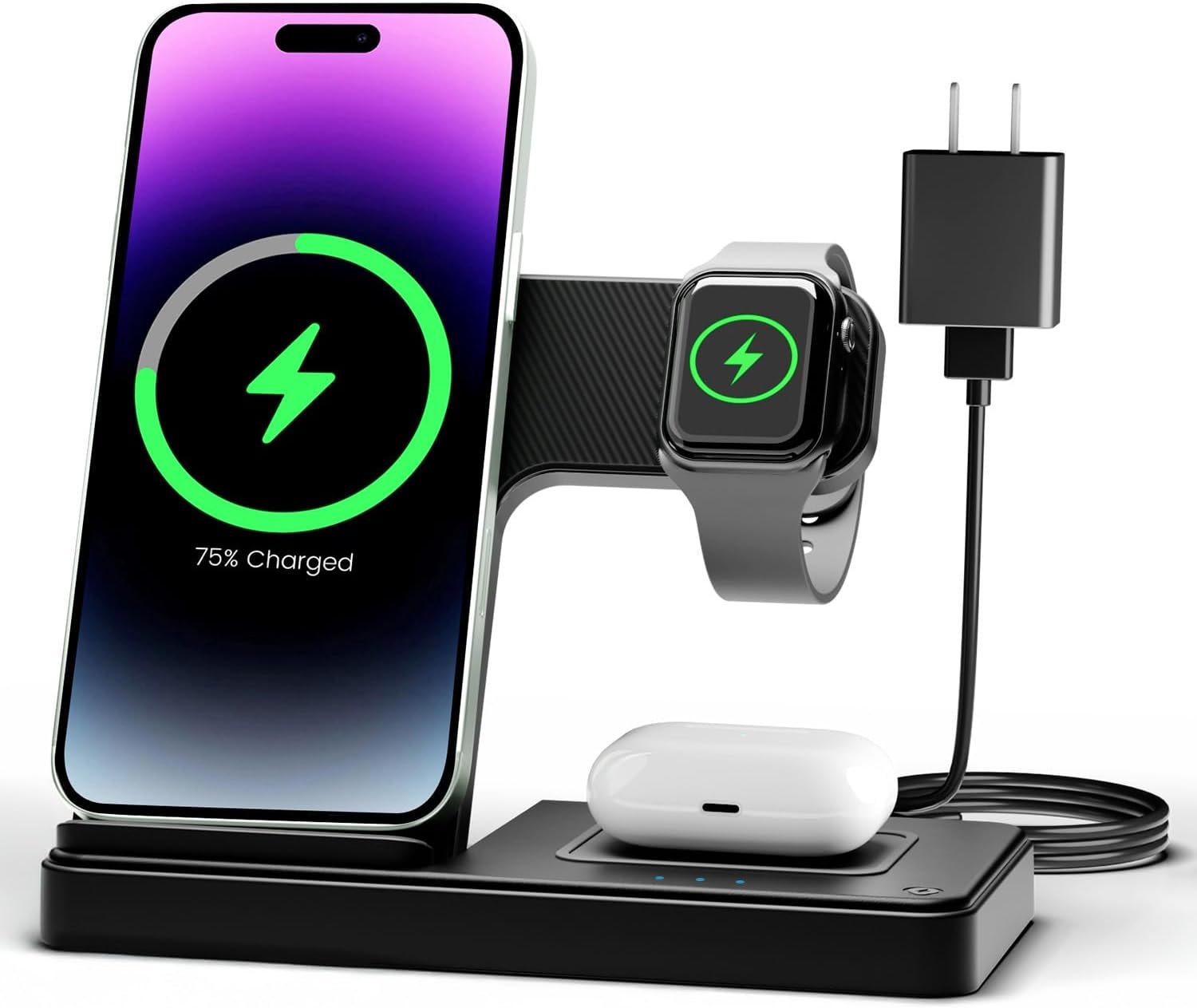 Wireless Charger iPhone Charging Station: 3 in 1 Charger Stand Wireless Charger iPhone Charging Station: 3 in 1 Charger Stand Multiple Devices for Apple - iPhone 17 16e 16 15 14 Pro Max 13 12 11 - Watch 11 10 9 8 7 6 5 4 3 2 SE and Ultra Series - Airpods 4 3 Pro - Image 1
