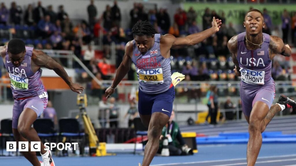 Jeremiah Azu dips for the line at the World Indoor Championships in Poland