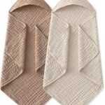 Yoofoss Hooded Baby Towels for Newborn 2 Pack 100% Muslin Organic Cotton Baby Bath Towel with Hood for Babies, Infant, Toddler and Kids, 32x32Inch, Soft and Absorbent Newborn Essential, Beige&Coffee