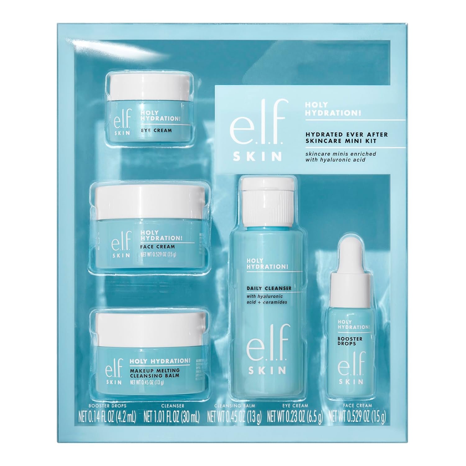 e.l.f. SKIN Holy Hydration! Hydrated Ever After Skincare Mini Kit, e.l.f. SKIN Holy Hydration! Hydrated Ever After Skincare Mini Kit, Cleanser, Makeup Remover, Moisturizer & Eye Cream For Hydrating Skin, Airplane-Friendly Sizes - Image 1