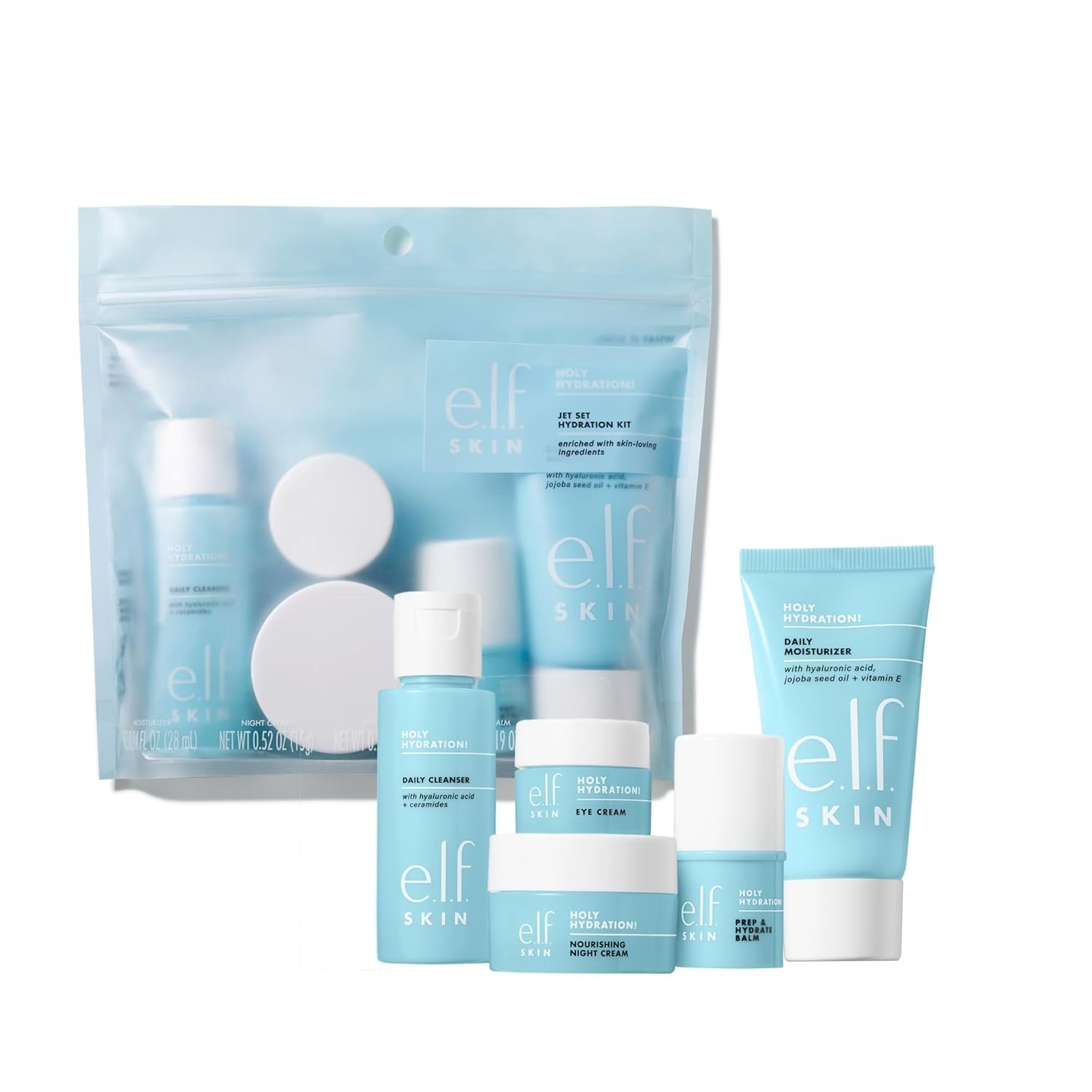 e.l.f. SKIN Holy Hydration! Jet Set Hydration Kit, Travel Friendly e.l.f. SKIN Holy Hydration! Jet Set Hydration Kit, Travel Friendly Hydrating Skincare Set, Face Cleanser, Balm, Moisturizer, Eye Cream & Night Cream, Vegan & Cruelty-Free - Image 1