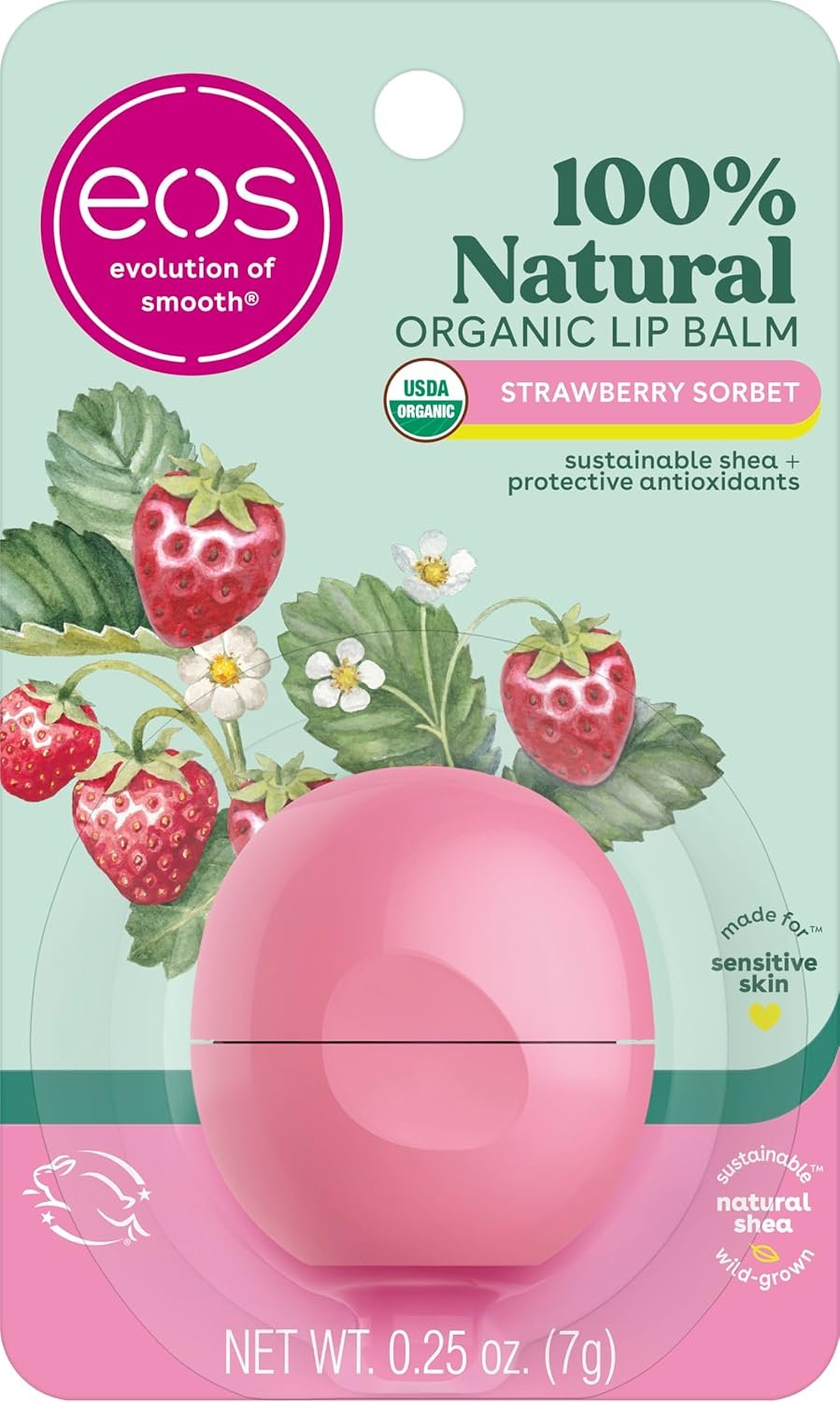 eos 100% Natural & Organic Lip Balm - Strawberry Sorbet, eos 100% Natural & Organic Lip Balm - Strawberry Sorbet, All-Day Moisture, Dermatologist Recommended for Sensitive Skin Care, Lip Care Products, 0.25 oz - Image 1