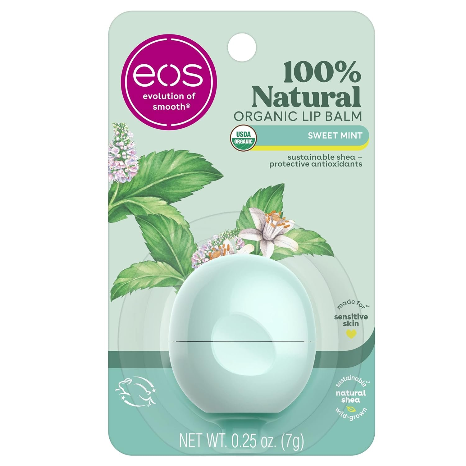 eos 100% Natural & Organic Lip Balm - Sweet Mint, eos 100% Natural & Organic Lip Balm - Sweet Mint, All-Day Moisture, Dermatologist Recommended for Sensitive Skin Care, Lip Care Products, 0.25 oz - Image 1