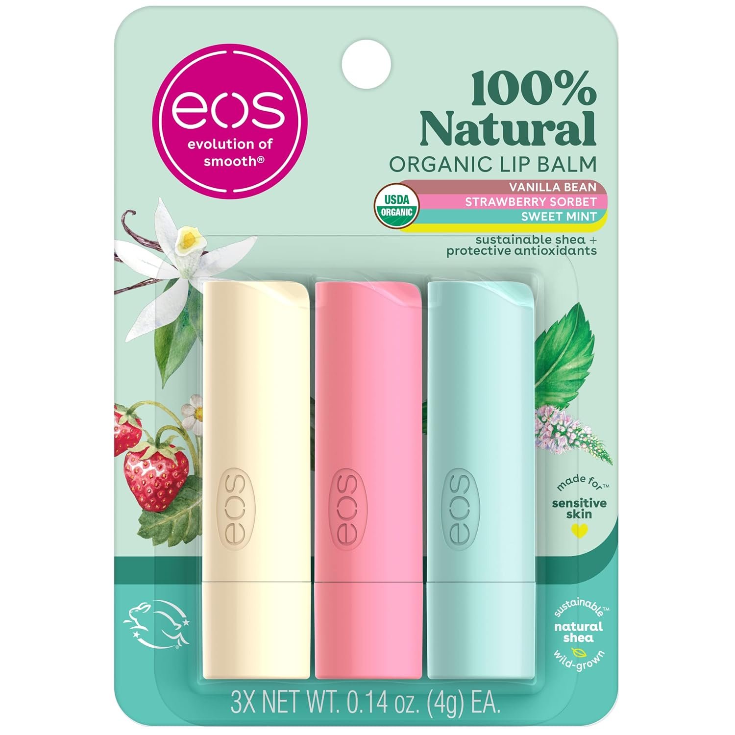 eos 100% Natural & Organic Lip Balm Trio- Vanilla Bean, eos 100% Natural & Organic Lip Balm Trio- Vanilla Bean, Sweet Mint, & Strawberry Sorbet, Made for Sensitive Skin, Lip Care Products, 0.14 oz, 3-Pack - Image 1