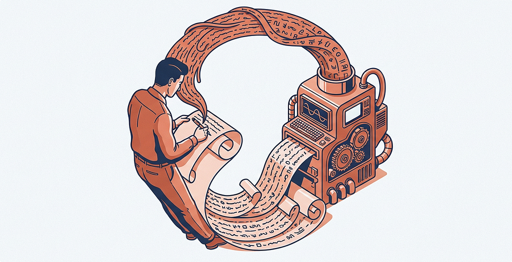 Illustration of a circular feedback loop showing a person writing on a scroll that feeds into a mechanical machine with a screen, keyboard, and gears. The machine outputs text that flows back up and over, forming a continuous ribbon that influences the person’s writing again.