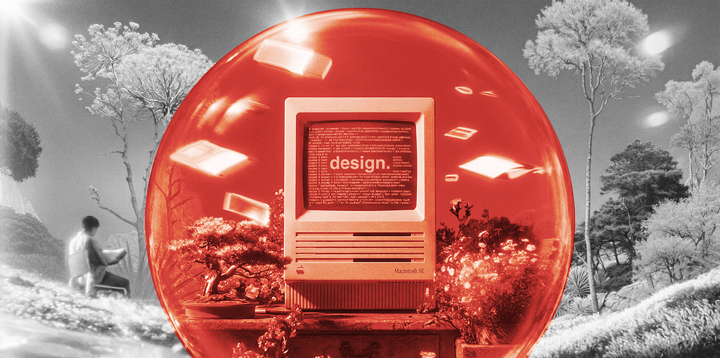 A surreal digital collage featuring a vintage Macintosh SE inside a large, glowing red bubble. The computer screen displays the word “design.” over lines of code. Floating floppy disks and a small bonsai tree surround the monitor within the sphere. The background is a grainy, black-and-white landscape with sparse trees and a solitary figure seated in the distance, blending retro-tech nostalgia with a dreamlike, futuristic atmosphere.