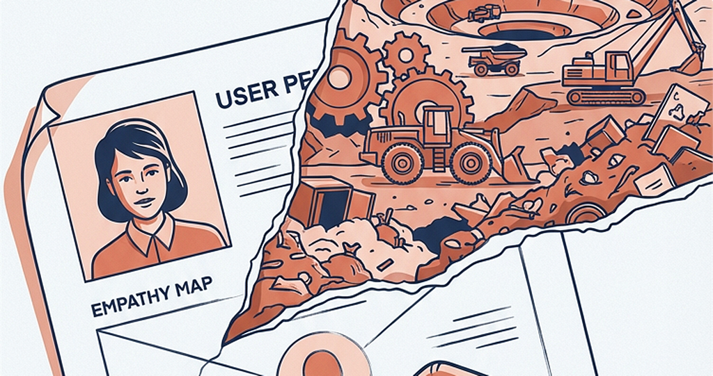 Illustration of a user persona document and empathy map with a torn edge, revealing an industrial landscape behind them showing mining pits, excavators, gears, and waste: the hidden costs behind user-centred design artefacts.