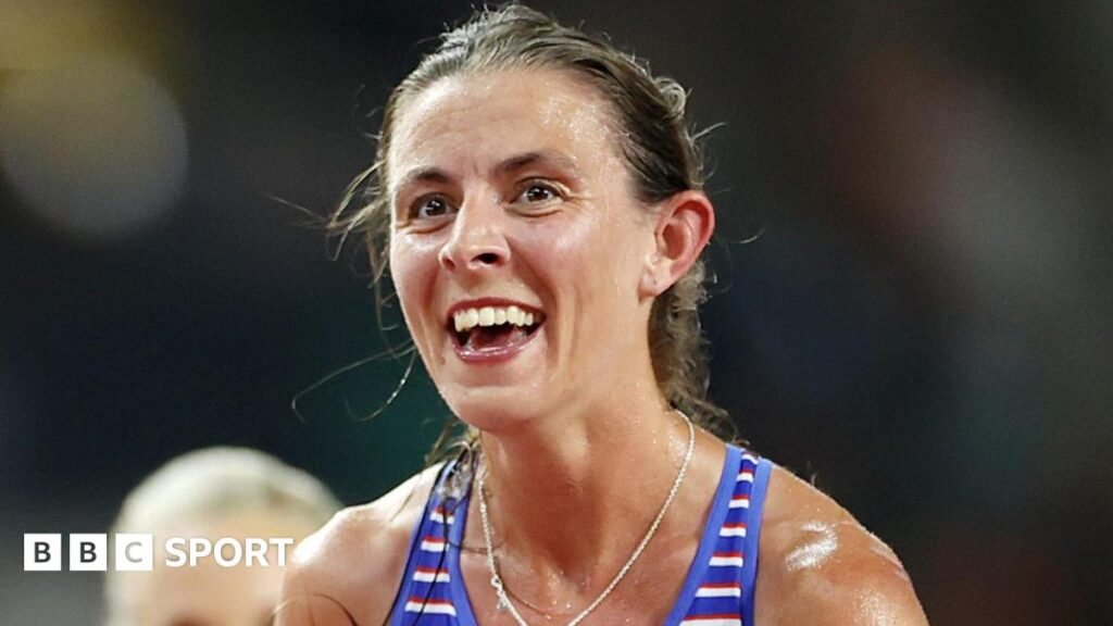 Great Britain's Jess Warner Judd smiles after finishing eighth in the women's 10,000m final at the 2023 World Athletics Championships in Budapest