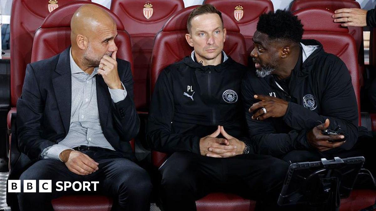 Coach of Manchester City Pep Guardiola, assistant-coaches Pepijn Lijnders and Kolo Toure during the UEFA Champions League 2025/26 League Phase MD2 football match between AS Monaco