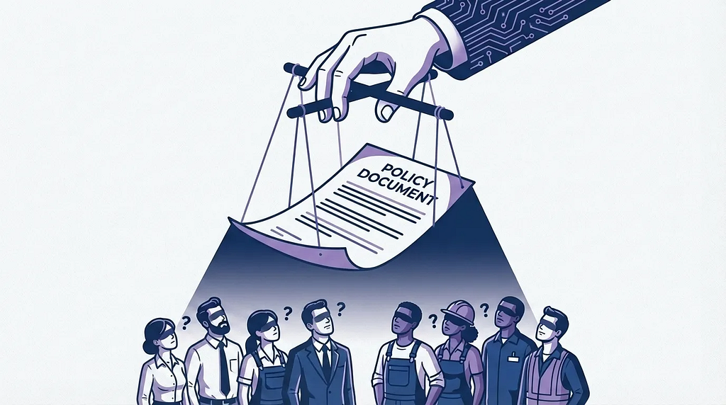 Illustration of a large hand with a circuit board patterned sleeve holding puppet strings attached to a policy document. Below, a diverse group of workers in various attire (business suits, overalls, hard hats, and service uniforms) look up with question marks above their heads, standing in the shadow cast by the document. The workers cannot see the strings controlling the document above them.