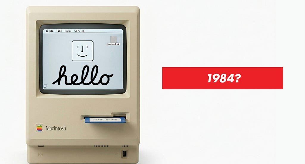 The original Apple Macintosh (1984), shown with its iconic beige case, 9-inch built-in screen displaying the hand-lettered “hello” greeting and the smiling Mac icon, a single floppy disk drive, and the rainbow Apple logo. A red banner to the right poses the question “1984?” in bold italic white type.