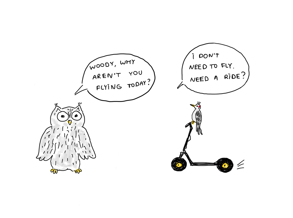 While Woody (the optimist) is exploring new technologies, Owl (the sceptic) is concerned.