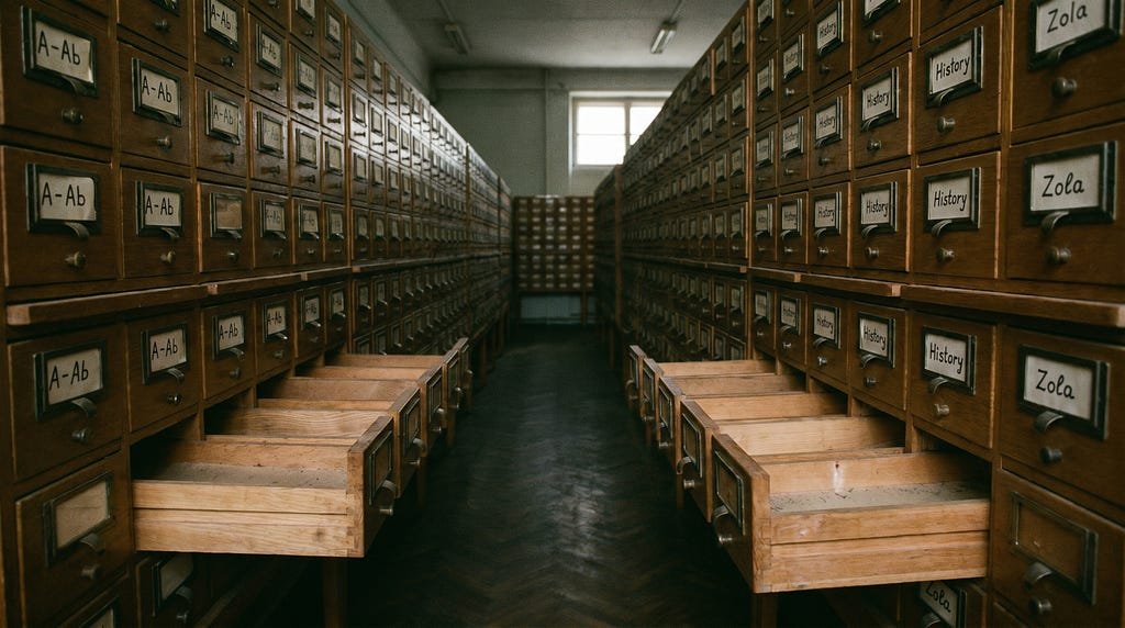 dim photograph of a long library card catalog corridor with rows of small wooden drawers labeled by hand, the drawers in the foreground pulled out and empty