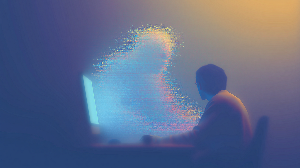 A person sitting at night in front of a glowing screen, while an abstract human form seems to emerge in pixels and bluish mist.