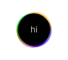 Large circular element made of overlapping colorful circles with the word “hi” within it.
