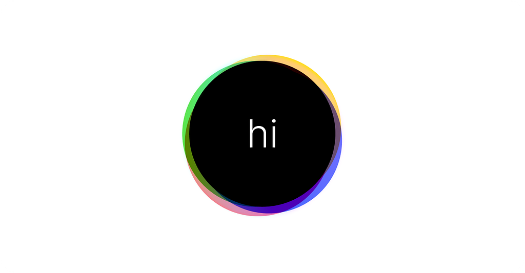 Large circular element made of overlapping colorful circles with the word “hi” within it.