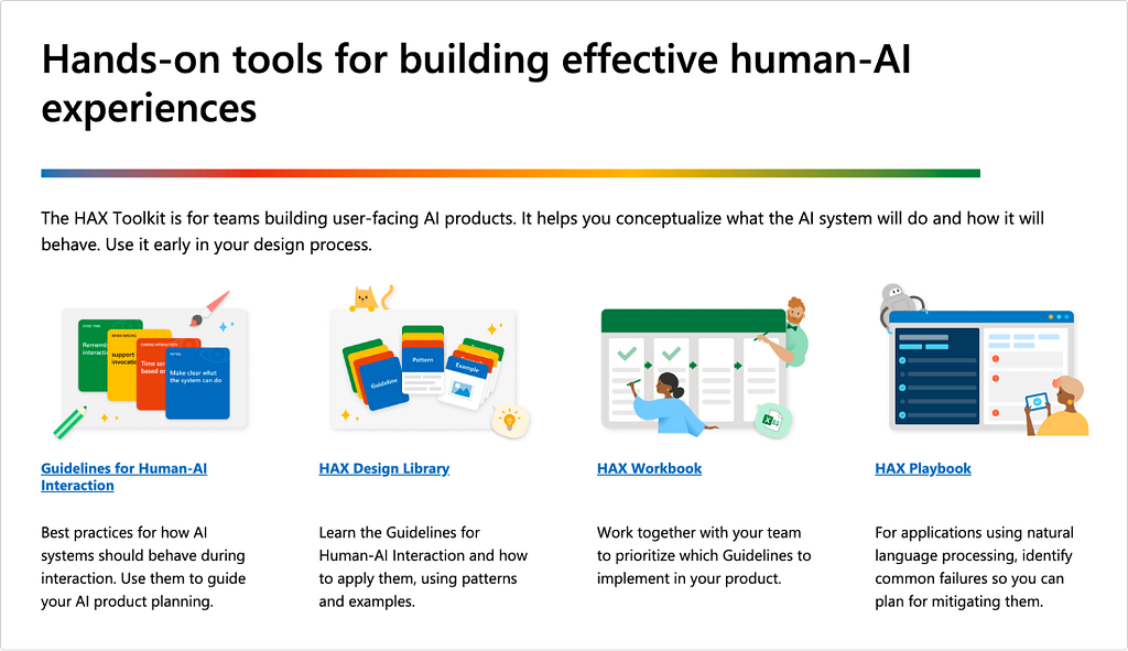 The Microsoft HAX Toolkit homepage, showing four components: Guidelines for Human-AI Interaction, HAX Design Library, HAX Workbook, and HAX Playbook, each illustrated with a colourful graphic.