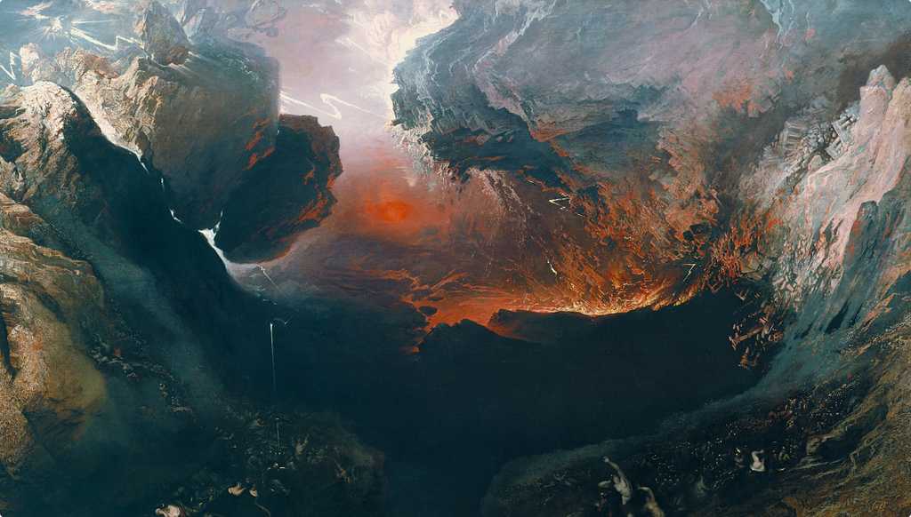 A dramatic oil painting depicting a vast apocalyptic landscape of collapsing mountains, fire, and darkness, with tiny human figures overwhelmed by the scale of destruction around them.