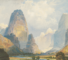 A painting of a rocky landscape with mountains in the background. The title of the painting is “Valley of Babbling Waters” by a Southern Utah Artist: Moran, Thomas, in 1837–1926.
