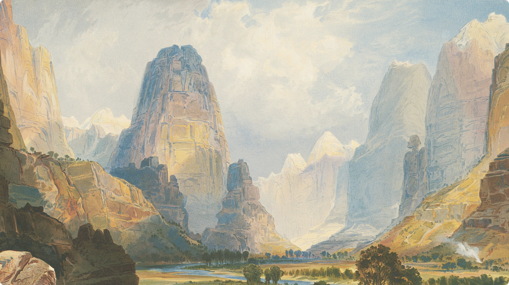 A painting of a rocky landscape with mountains in the background. The title of the painting is “Valley of Babbling Waters” by a Southern Utah Artist: Moran, Thomas, in 1837–1926.