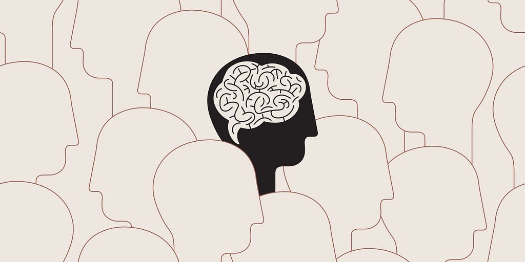 A minimalist illustration depicting a multitude of empty beige outlines, with a single black silhouette standing out in the center, inside which a stylized white brain is depicted.