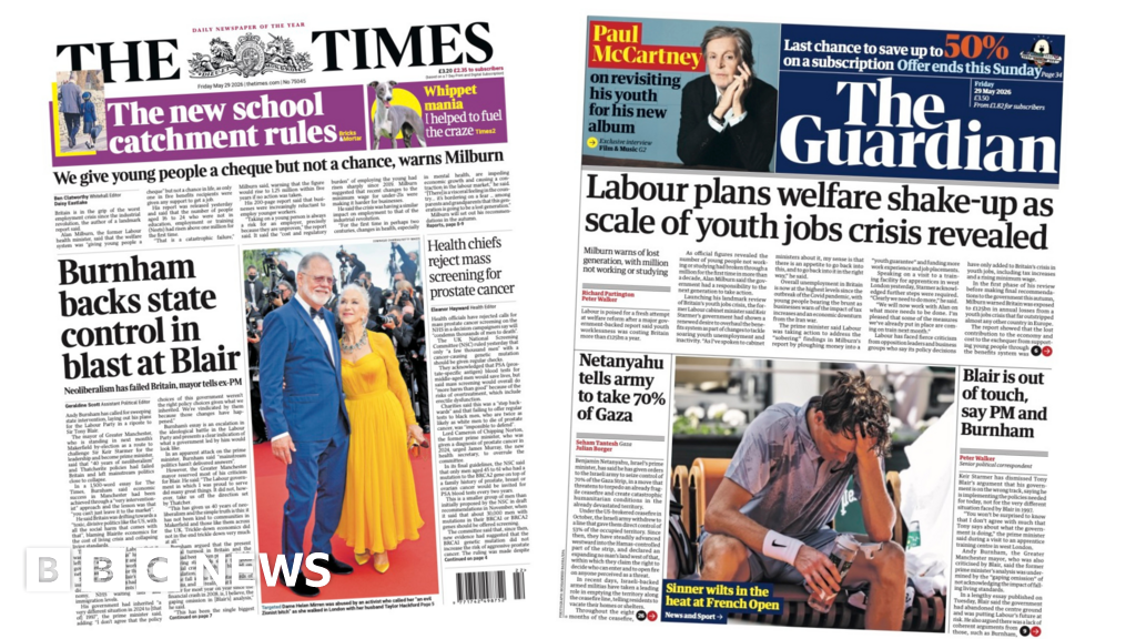'Burnham's 'blast at Blair' and 'Labour plans welfare shake-up'