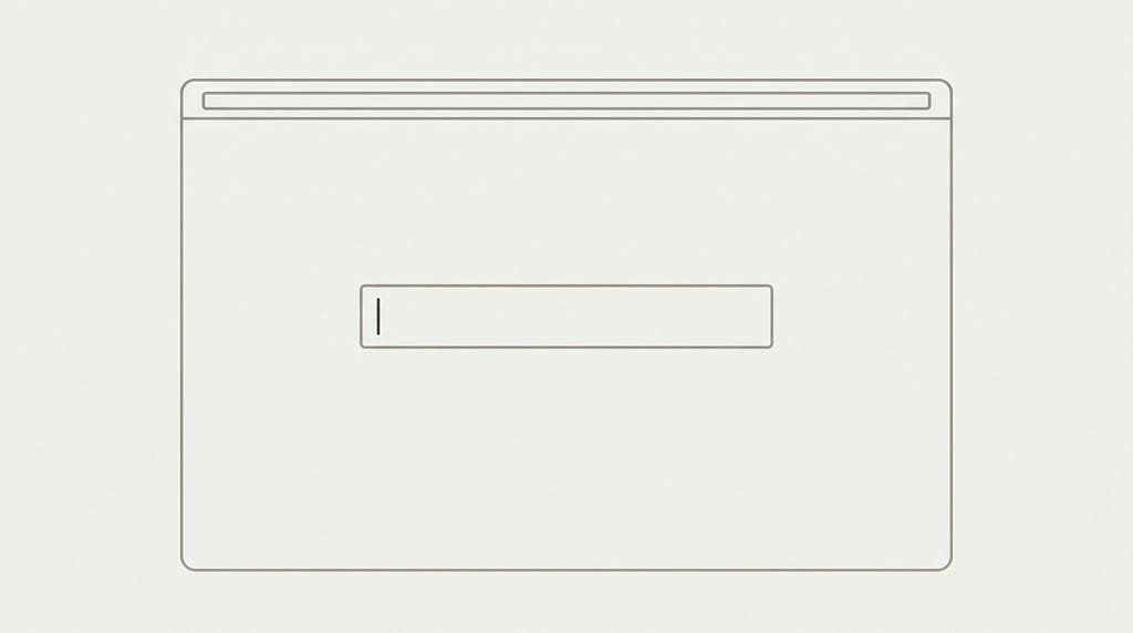 Abstract editorial illustration of a stark blank screen with only a single centered text field and a blinking cursor at its center, with no other affordances visible