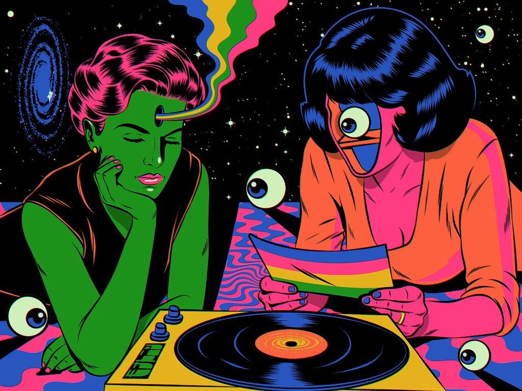 Psychedelic illustration of people reading leaflet over a record player