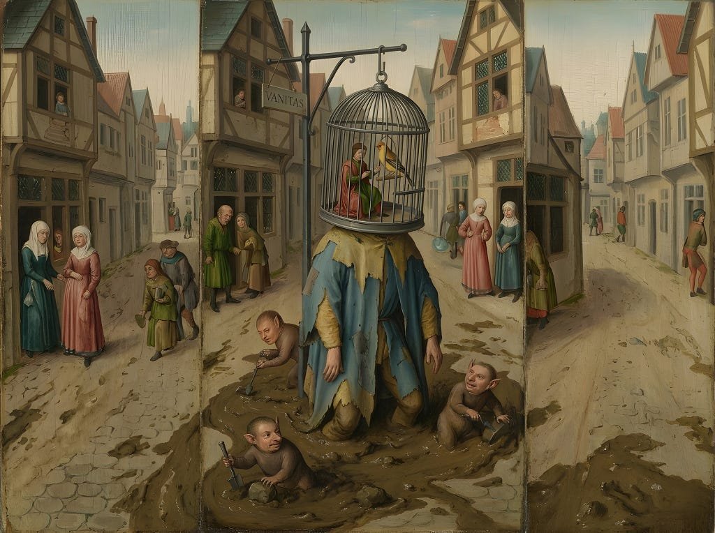 A figure in a patch of treacherous mud whose head is an intricate, iron birdcage, inside of which a tiny figure obsessed only with a beautiful bird, while at his feet, tiny, creatures with human ears are frantically digging up the path beneath the muck.