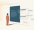 Illustration of a small human figure facing a large petrol-blue panel of AI-generated answer text, while faint outlined search-result cards drift away and shrink into the distance behind it.