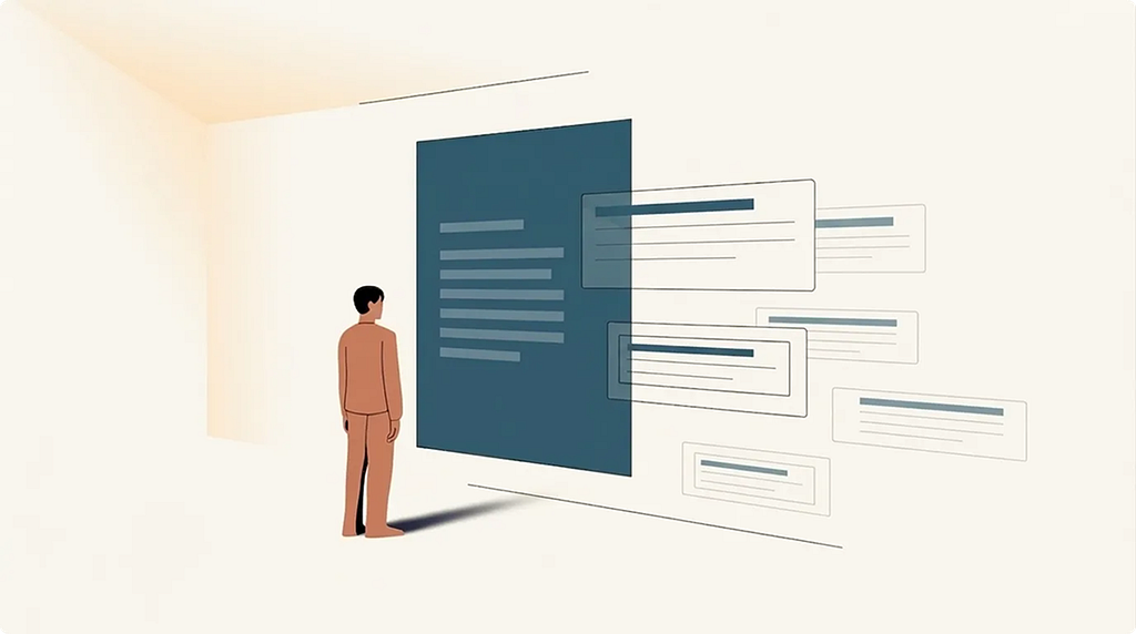 Illustration of a small human figure facing a large petrol-blue panel of AI-generated answer text, while faint outlined search-result cards drift away and shrink into the distance behind it.