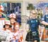 Visual of a family of England supporters and pair of Scotland fans on a background of a postcard that depicts New York and Miami as 2026 World Cup host cities