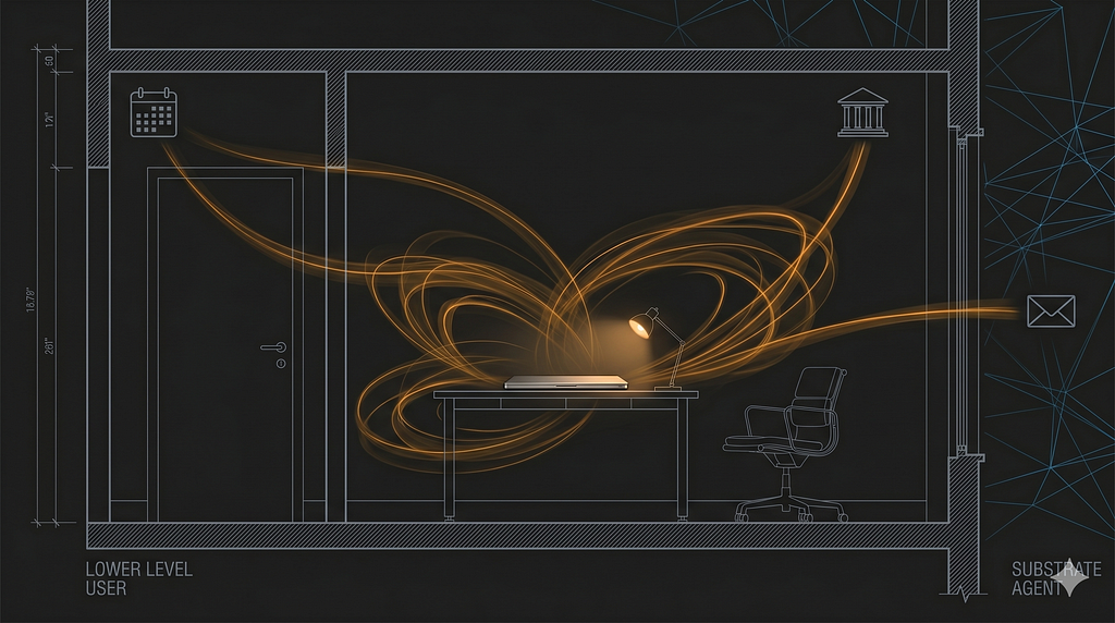 Architectural cross-section of a darkened apartment at night. A laptop sits on a desk, lit by a single warm lamp. Amber light-traces flow from a calendar, an email icon, and a bank icon into the device — agent activity continuing while the user is away. Cool gray drafting lines define the room; a faint cyan network mesh reaches into the frame from the right.
