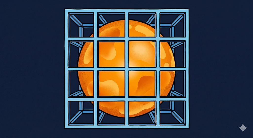 A warm amber organic sphere pressing against a rigid blue grid cage — living intelligence constrained inside an architecture that was never designed to contain it.