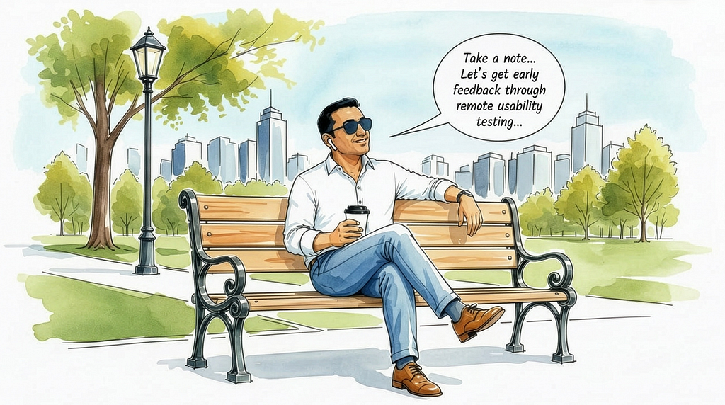 A person sitting on a bench talking to the ARC app to provide document feedback