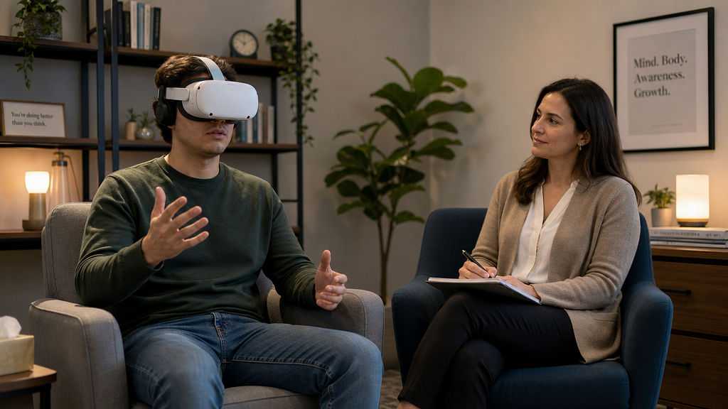 A man wearing a VR headset gestures while seated in a therapist’s office