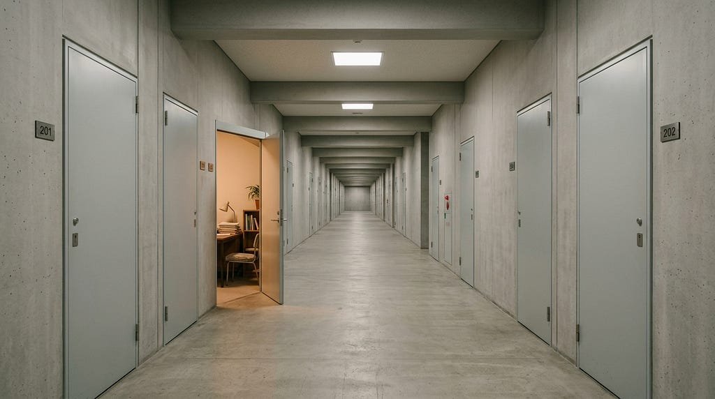 A long institutional corridor with identical numbered doors, one standing open to reveal a warmly lit room with a desk and bookshelf. All other doors are closed.