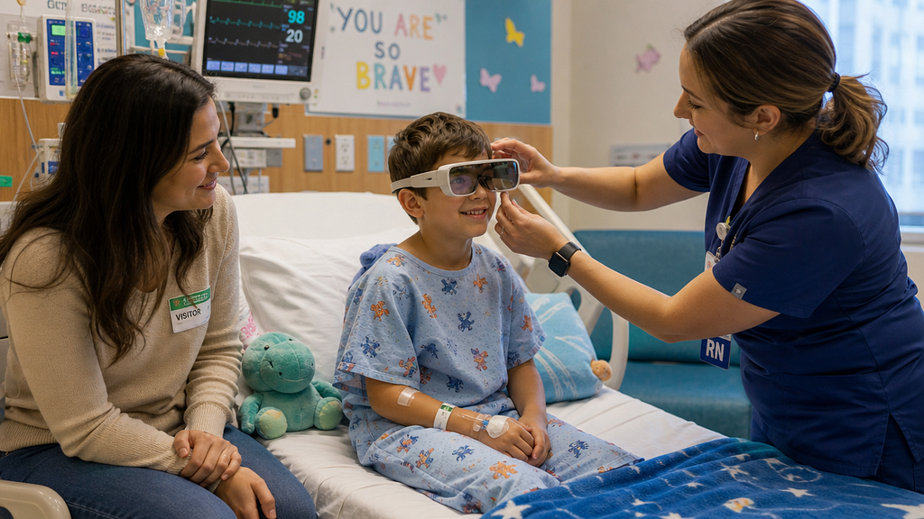 A child in a hospital gown sits on a bed wearing a VR headset, with a nurse adjusting the device and a parent watching beside them.
