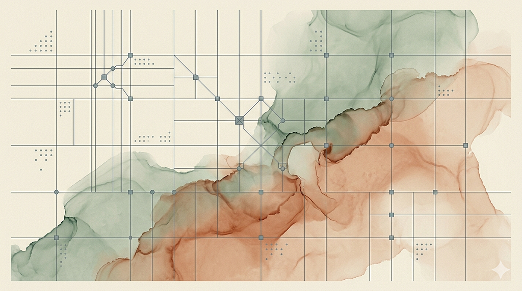 A creamy background with blue and orange ink spill, and a grid overlap — abstract