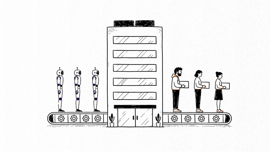 Illustration of a large office building positioned between two conveyor belts. On the left, three humanoid robots stand on a conveyor belt moving toward the building. On the right, three human workers stand on a conveyor belt carrying boxes away from the building. The black-and-white hand-drawn illustration symbolizes AI and automation reshaping human jobs in the workplace.