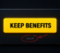 A dark UI screen showing a large glowing yellow ‘Keep Benefits’ button dominating the screen, with a tiny grey ‘cancel’ button circled in red with an arrow pointing to it, illustrating interface interference dark pattern.