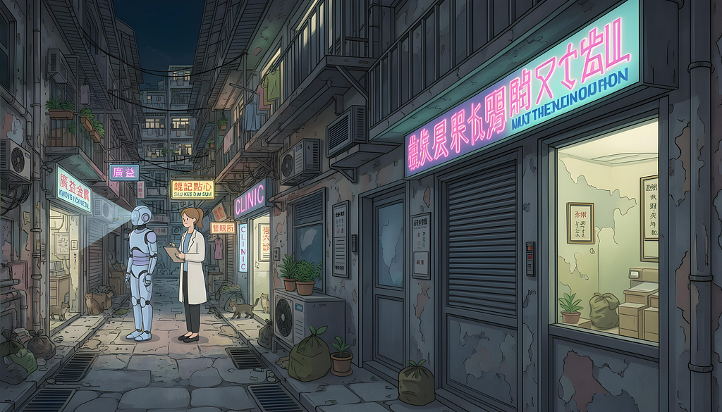 An AI-generated illustration in an anime-inspired style depicting a humanoid robot and a female researcher in a white lab coat standing together in a narrow, dimly lit alleyway at night. The researcher holds a clipboard. The cramped lane is lined with weathered buildings, tangled overhead wires, neon signs in Chinese and English (including one reading “Clinic”), potted plants, stray cats, and scattered rubbish bags — evoking the aesthetic of Kowloon Walled City.