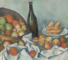 A still-life painting of a wicker basket tipped on its side spilling red and green apples, beside a dark bottle, a white cloth and a plate of stacked biscuits, the table edges visibly not aligning.