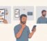 Illustration of a man pausing thoughtfully over a phone payment, with panels showing moments of a payment journey