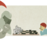 A solemn medieval knight in grey armour, fists clasped in deep concentration, faces a small child across a chessboard. The knight’s side is set up for chess, with white pieces formally arrayed; the child, lying on the floor with chin propped on a hand, has black checkers scattered loosely on their side.